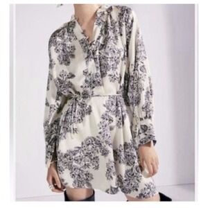 H&M White‎ Black Floral Belted L/S A-Line Dress Viscose Size S Shirt Dress